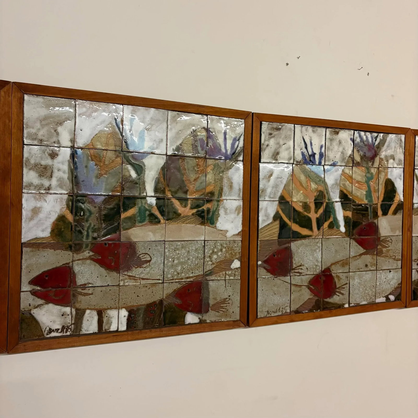 Large Ceramic Tile Wall Mural, Signed & Dated 1985 - Set of 5 Panels - 13
