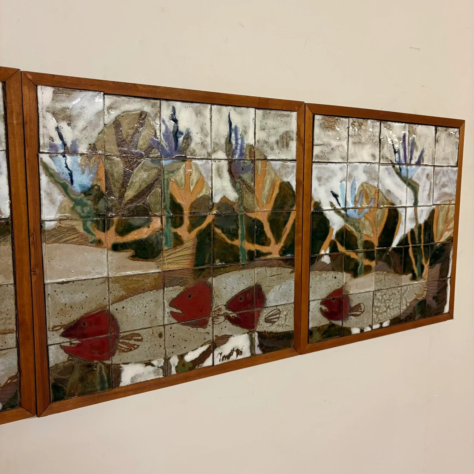 Large Ceramic Tile Wall Mural, Signed & Dated 1985 - Set of 5 Panels - 14