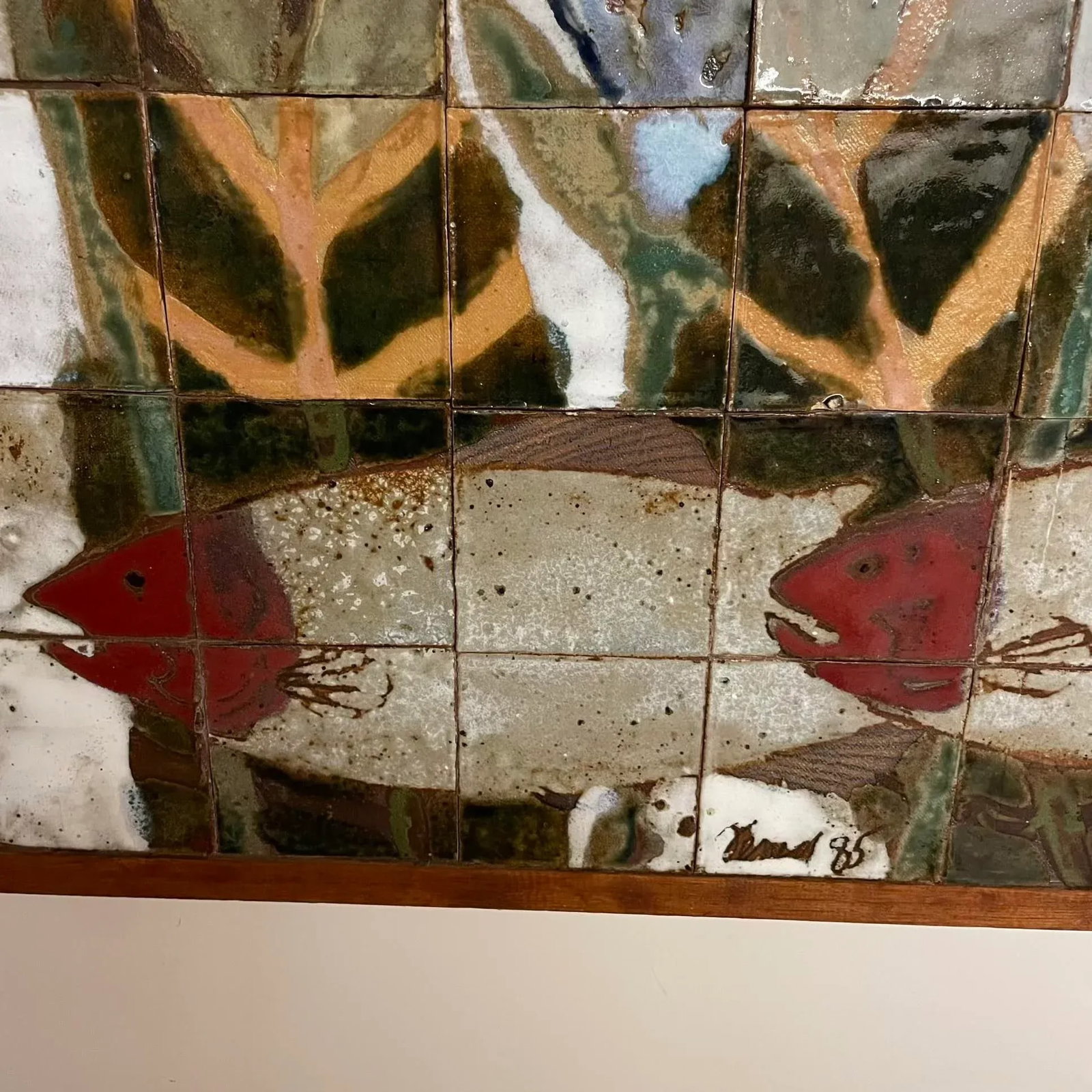 Large Ceramic Tile Wall Mural, Signed & Dated 1985 - Set of 5 Panels - 15