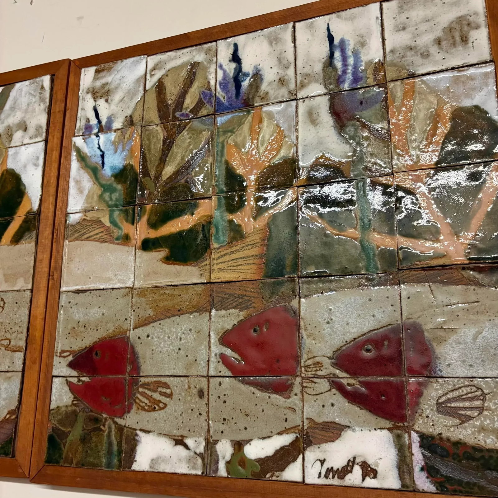 Large Ceramic Tile Wall Mural, Signed & Dated 1985 - Set of 5 Panels - 16