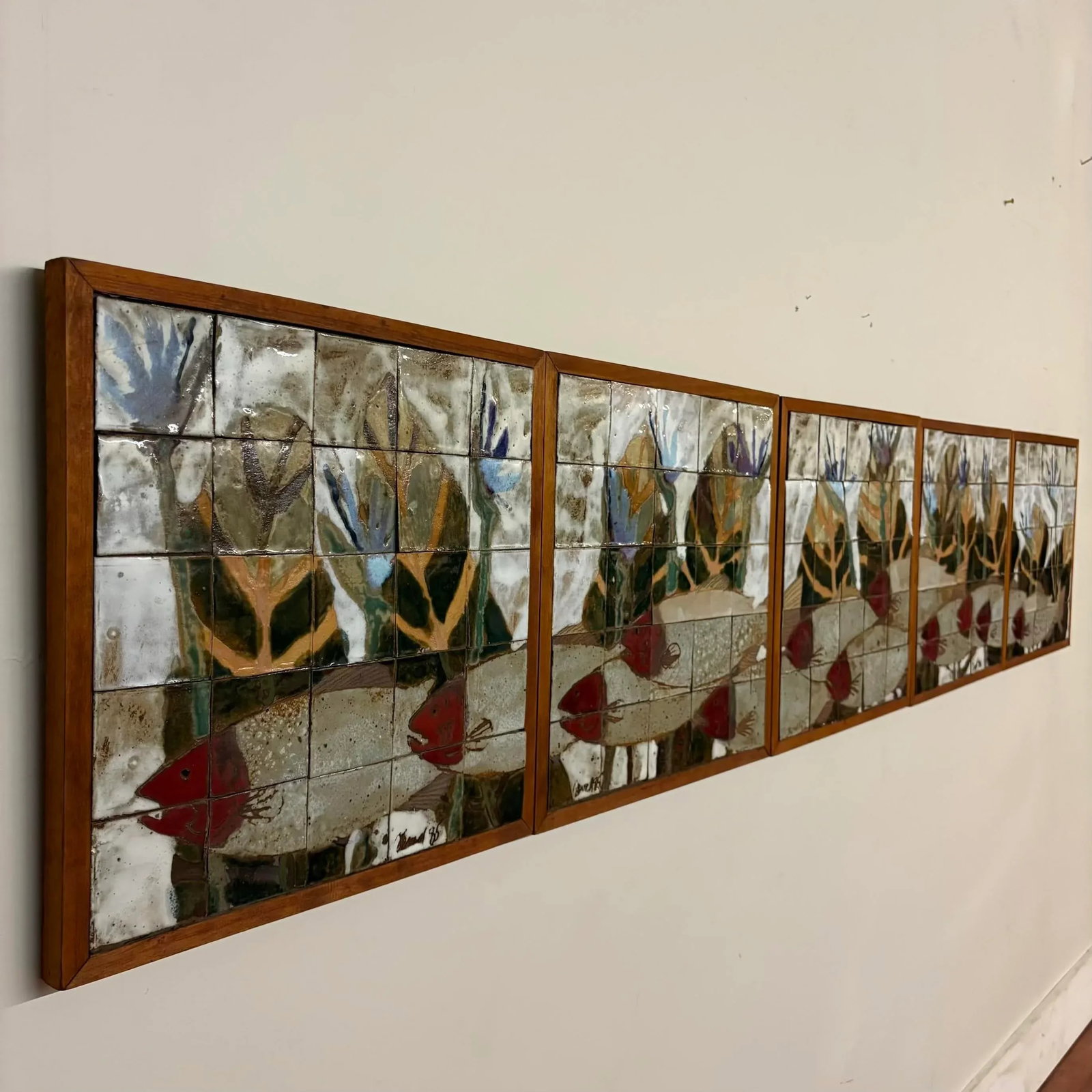 Large Ceramic Tile Wall Mural, Signed & Dated 1985 - Set of 5 Panels - 17