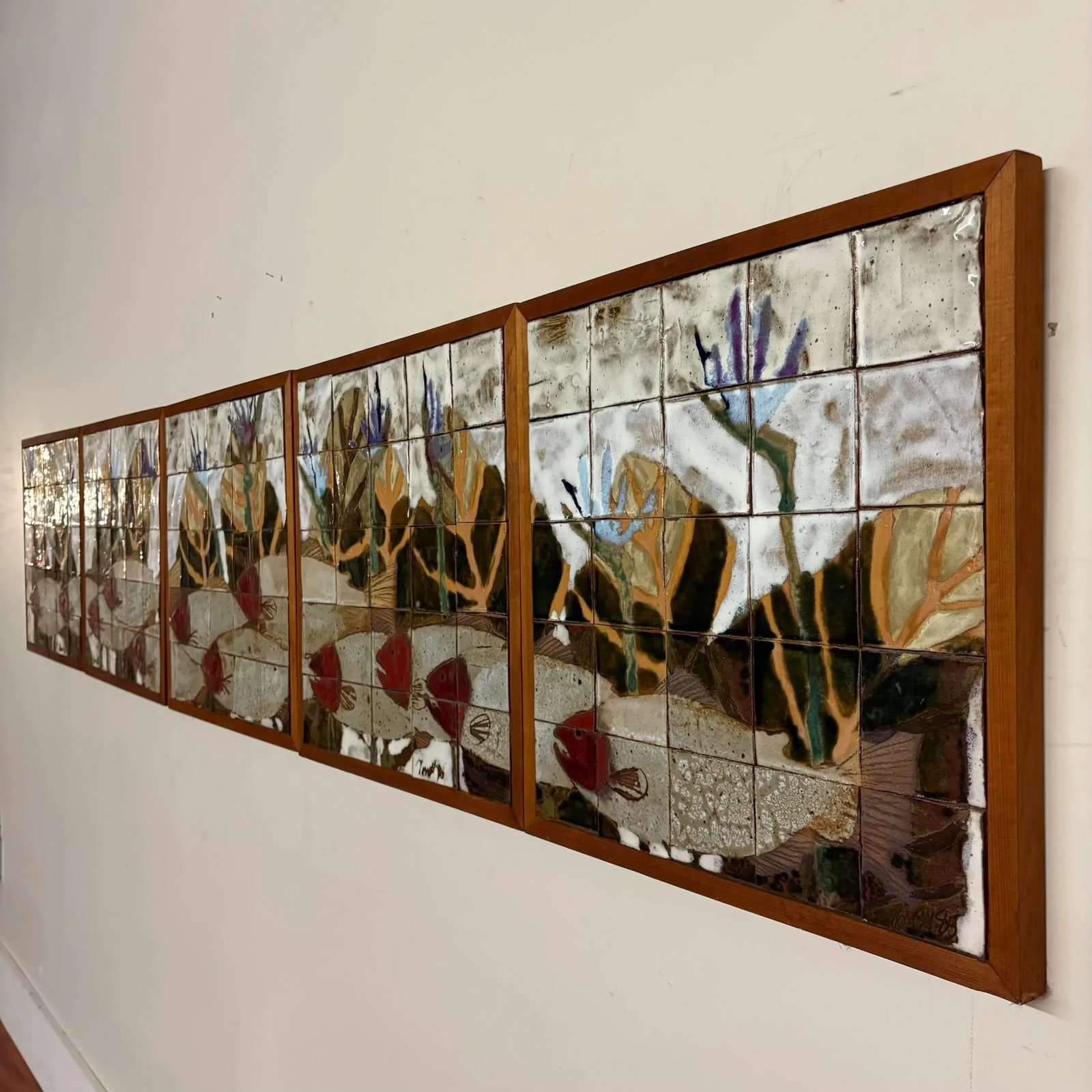 Large Ceramic Tile Wall Mural, Signed & Dated 1985 - Set of 5 Panels - 4