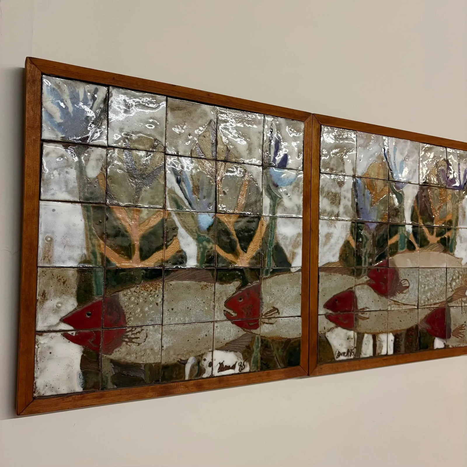 Large Ceramic Tile Wall Mural, Signed & Dated 1985 - Set of 5 Panels - 5