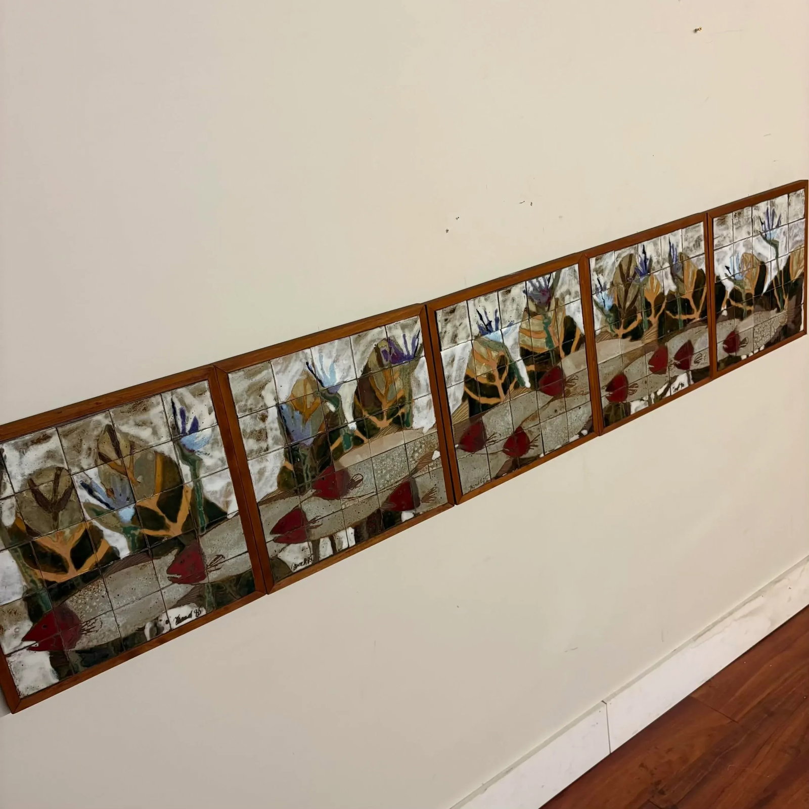 Large Ceramic Tile Wall Mural, Signed & Dated 1985 - Set of 5 Panels - 8