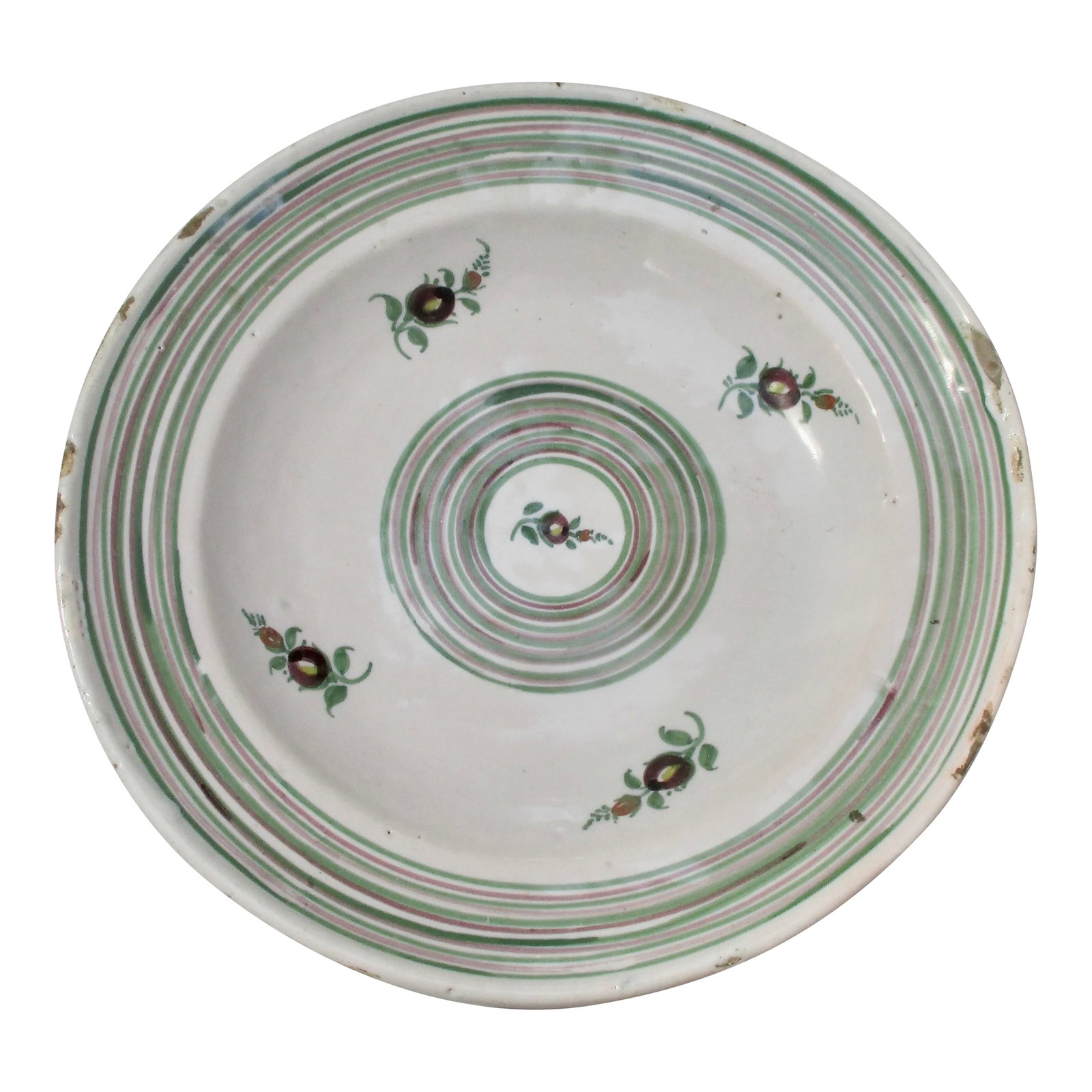 North of France Mid-Nineteenth Antique Faience Ceramic Porcelain: French Faience charger, a large charger for the center table or hanging display. Beautifully crafted by a faience potter, possibly the mark on the reverse is a Quimper potter. The measurements are 13"