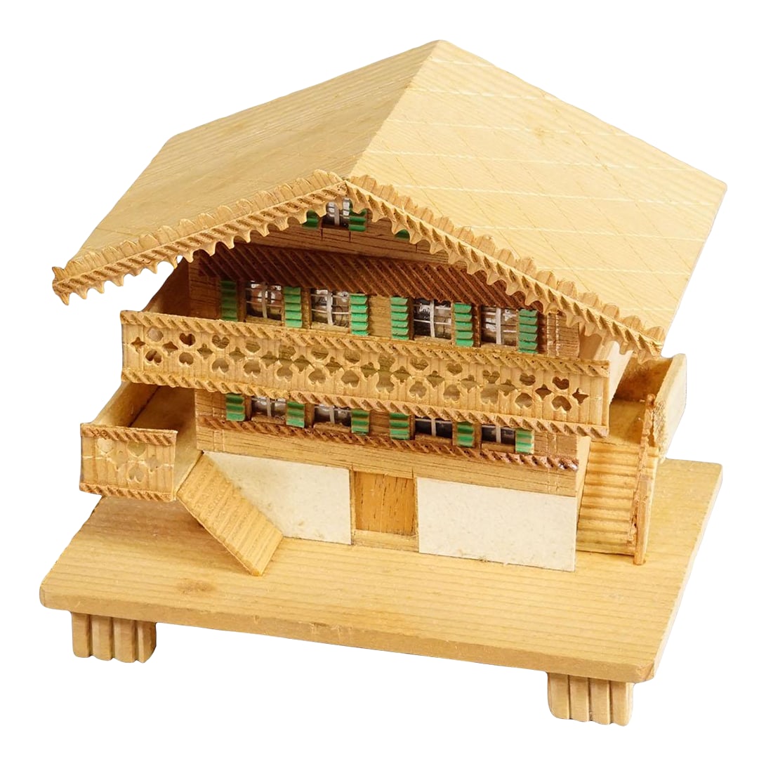 Vintage Chalet Deluxe Sewing Keepsake Box, Switzerland Ca. 1950s: Vintage Chalet Deluxe Sewing Keepsake Box, Switzerland ca. 1950s Discover the charm of traditional Swiss craftsmanship with this hand-carved miniature wooden chalet, offered as an exclusive promotiona
