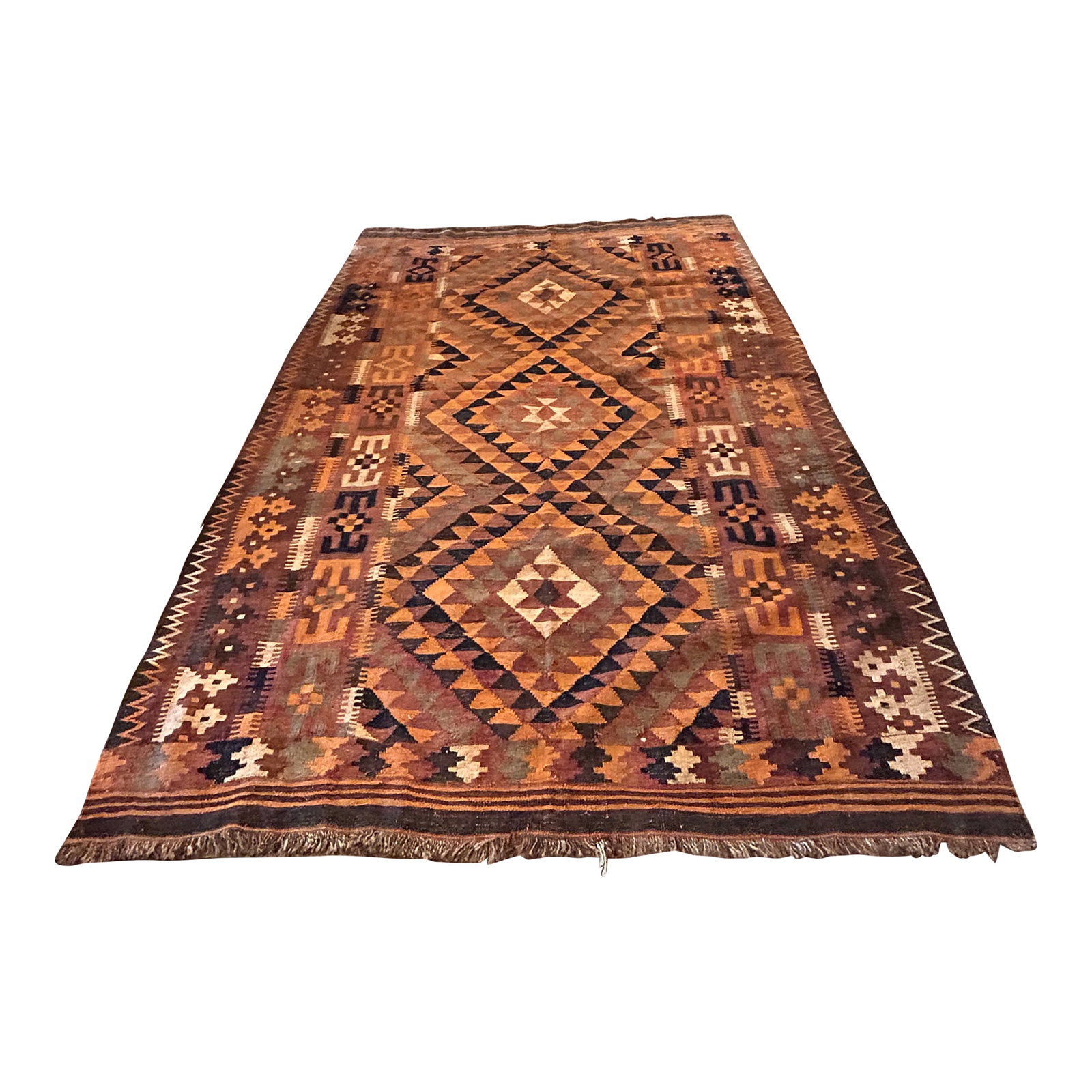 Vintage Turkish Kilim Rug in Oranges & Browns: Beautiful vintage Kilim rug having classic geometric pattern and wonderful earthy color palette including orange, burnt orange, brown, beige and taupe. Condition: Alterations: Original Condition