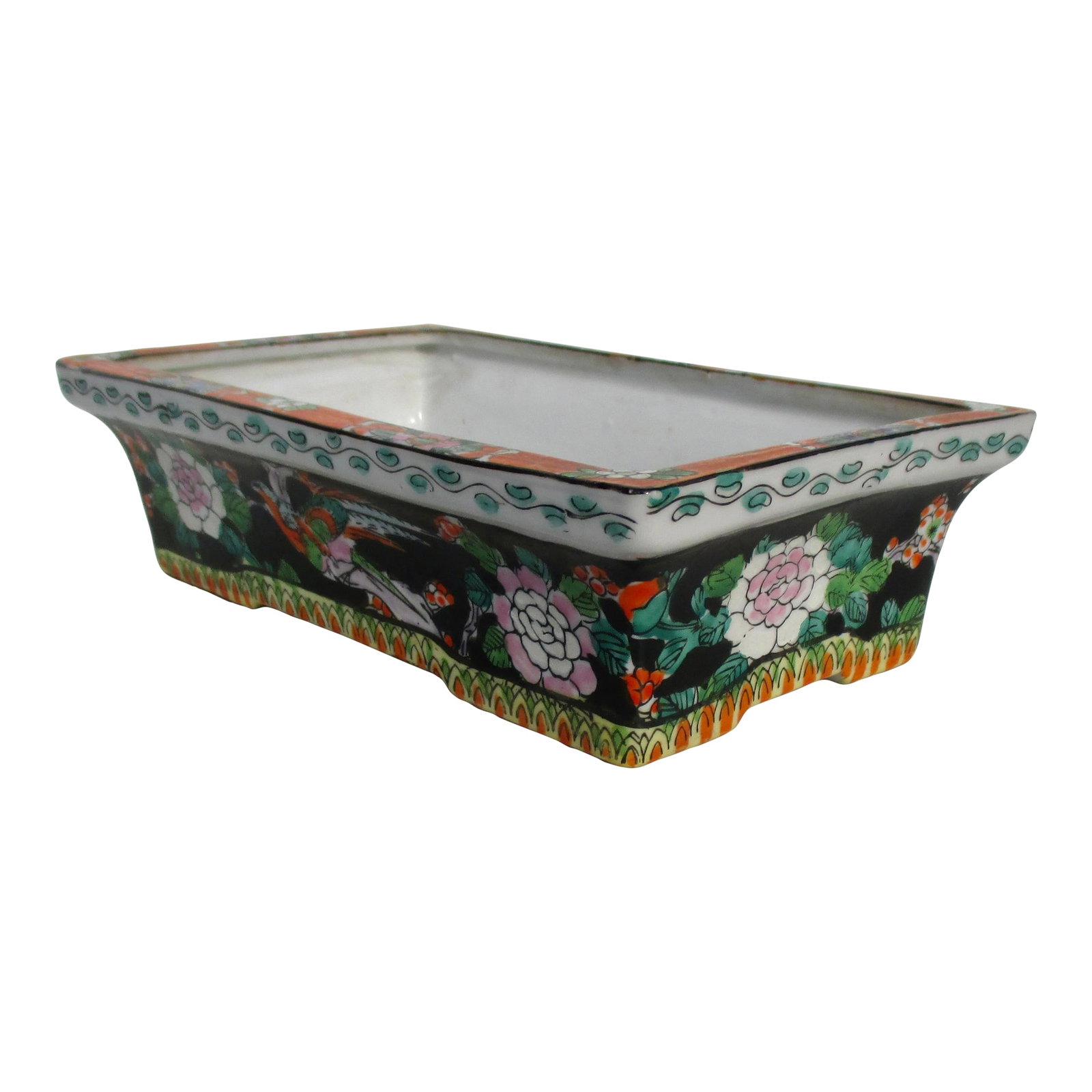 Japanese Vintage 30s Porcelain Planter Tray: Japanese Porcelain planter tray. Vintage 30s Japanese design in coral red and leafy green over a back background. Hand-colored pattern over the edges and around the walls. The tray is stamped on the b