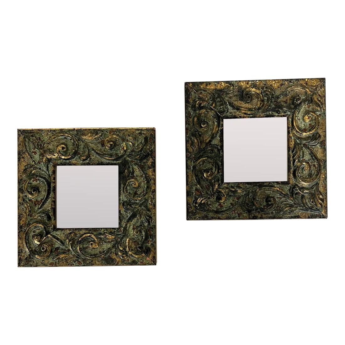 Vintage Carved Wood Accent Wall Mirror, Italy - A Pair: Offered as a pair these carved wood frame mirrors have a faux verdigris and gold finish. Perfectly aged and ready to adorn your wall. Each measures 6" square snd 1" d. Marked Martin Aborn made in