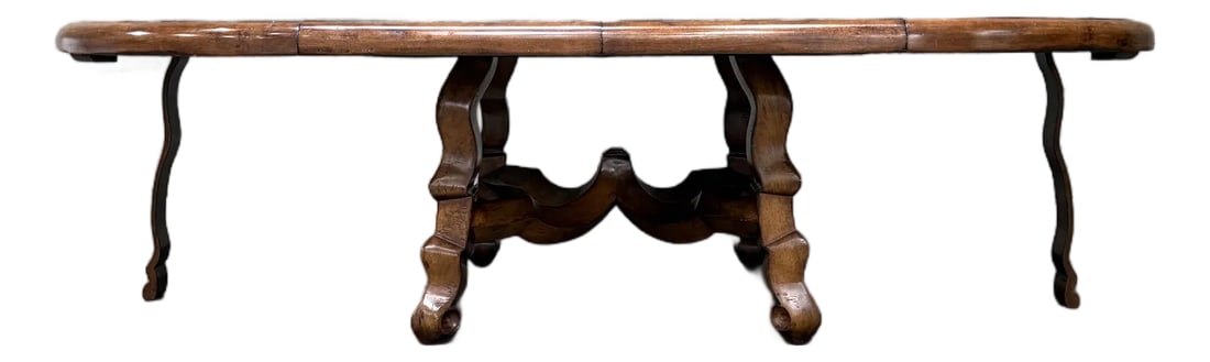 Custom Early Spanish Style Walnut Dining Table – Round to Oval With Leaves, Carved Stretcher (1 of 10)