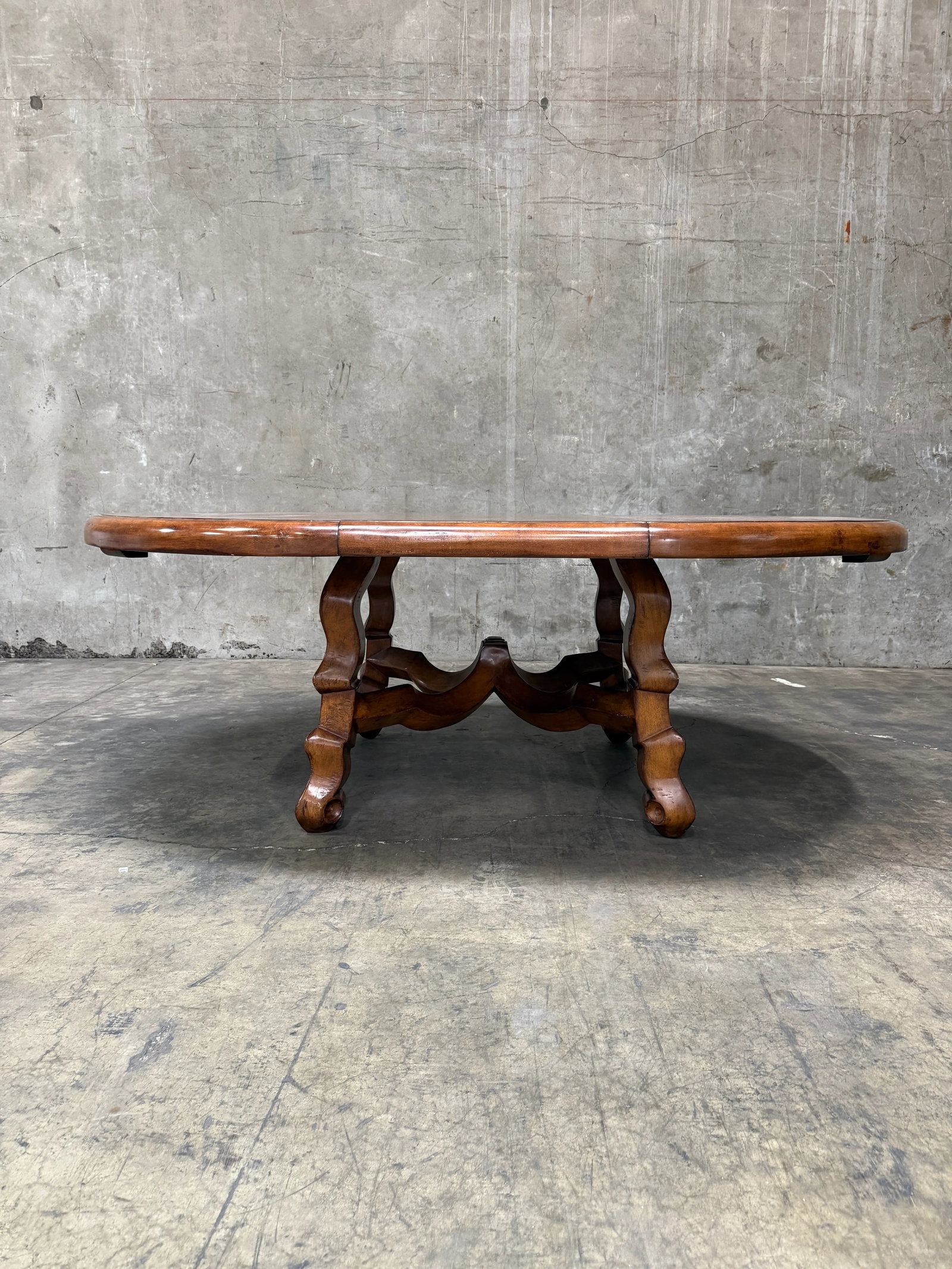 Custom Early Spanish Style Walnut Dining Table – Round to Oval With Leaves, Carved Stretcher - 3
