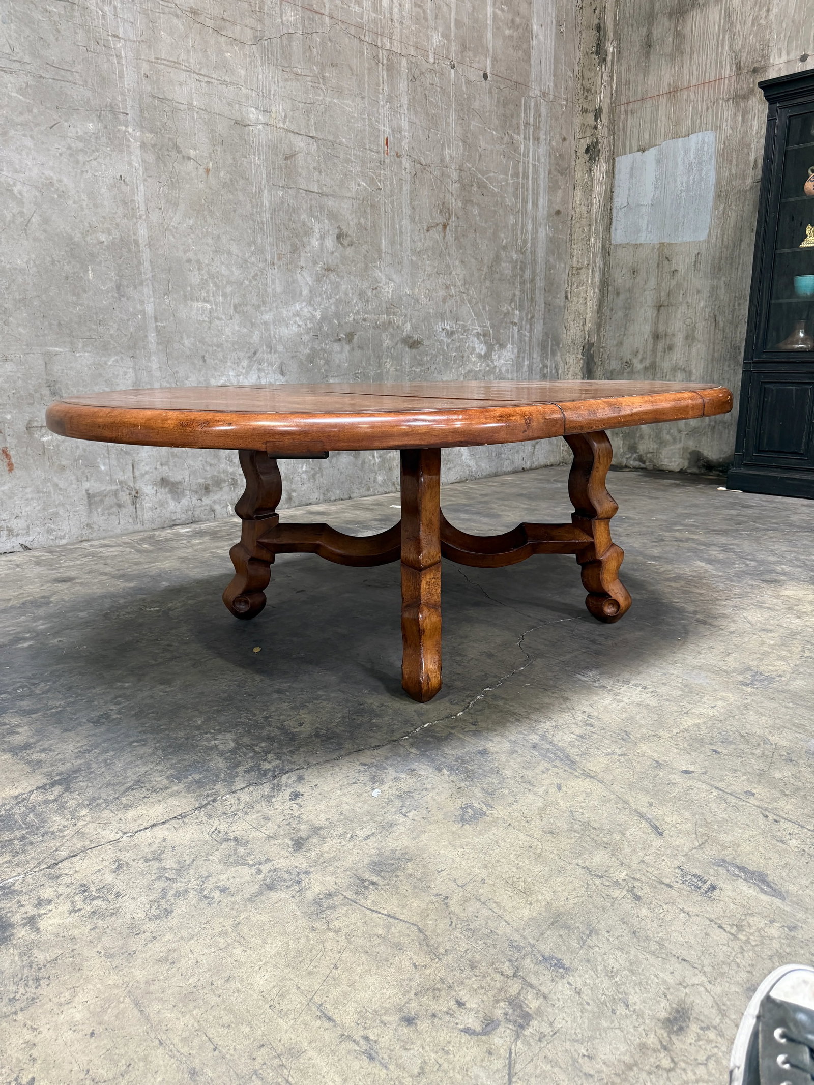 Custom Early Spanish Style Walnut Dining Table – Round to Oval With Leaves, Carved Stretcher - 4