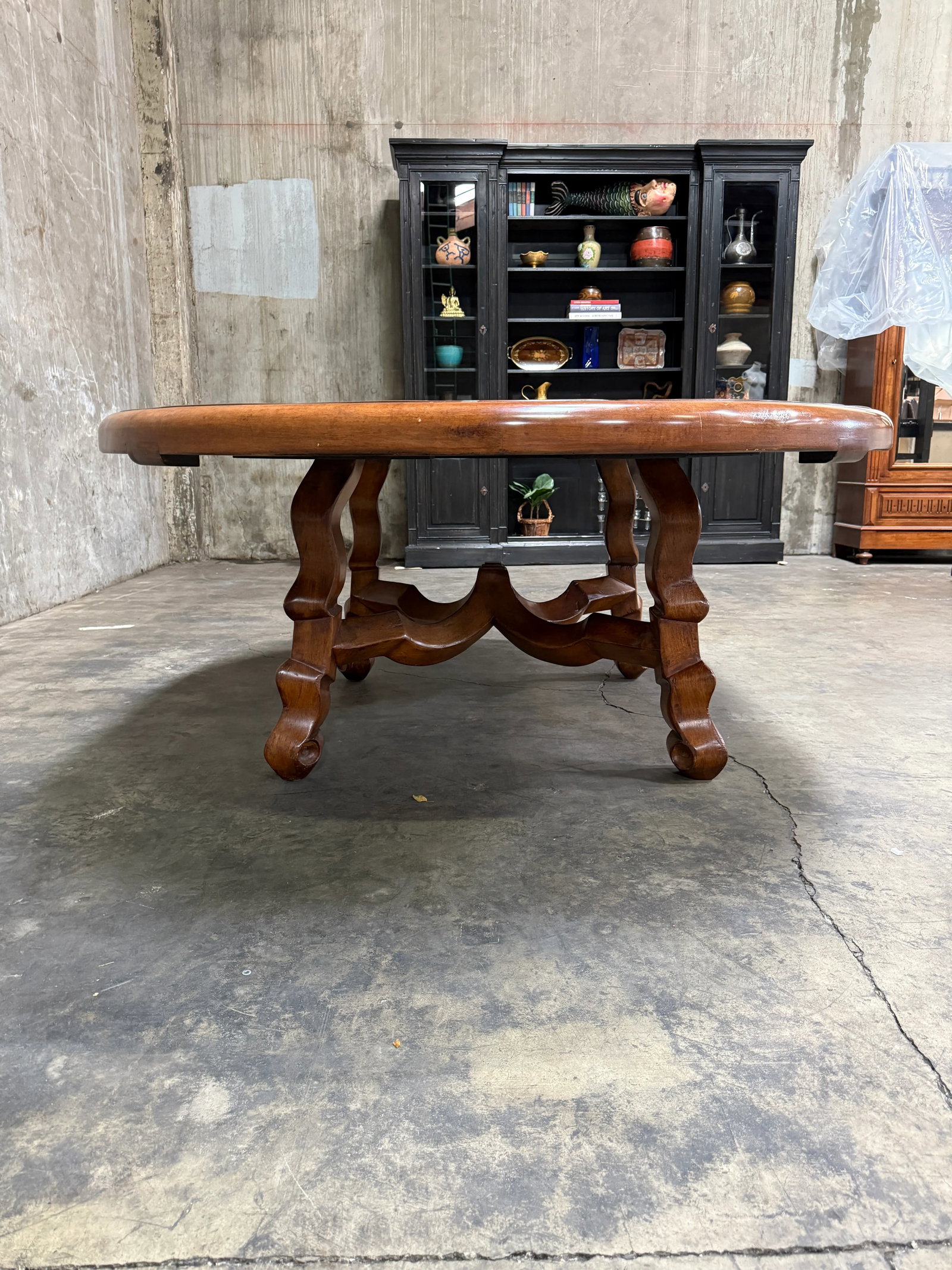 Custom Early Spanish Style Walnut Dining Table – Round to Oval With Leaves, Carved Stretcher - 5