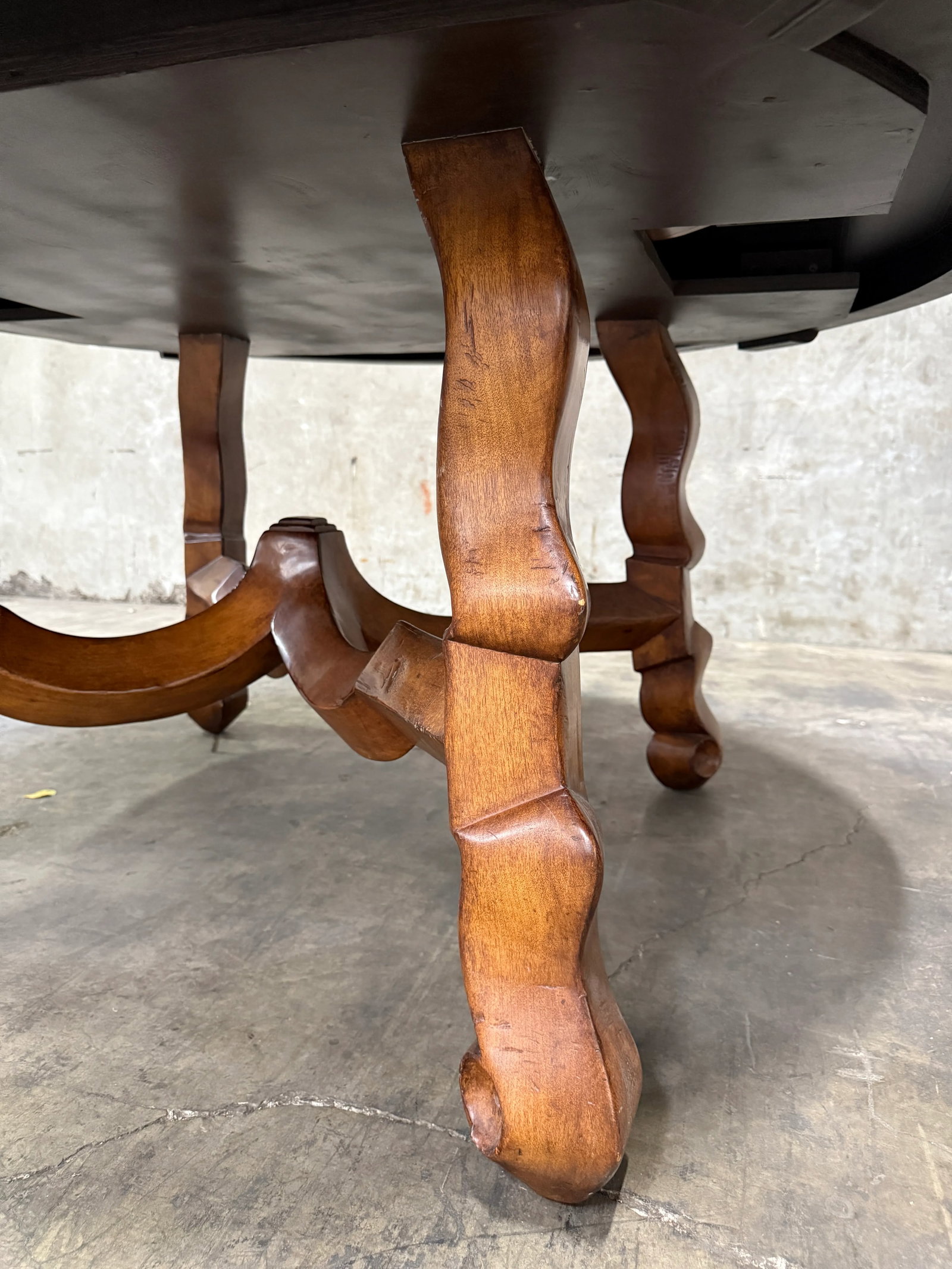 Custom Early Spanish Style Walnut Dining Table – Round to Oval With Leaves, Carved Stretcher - 7