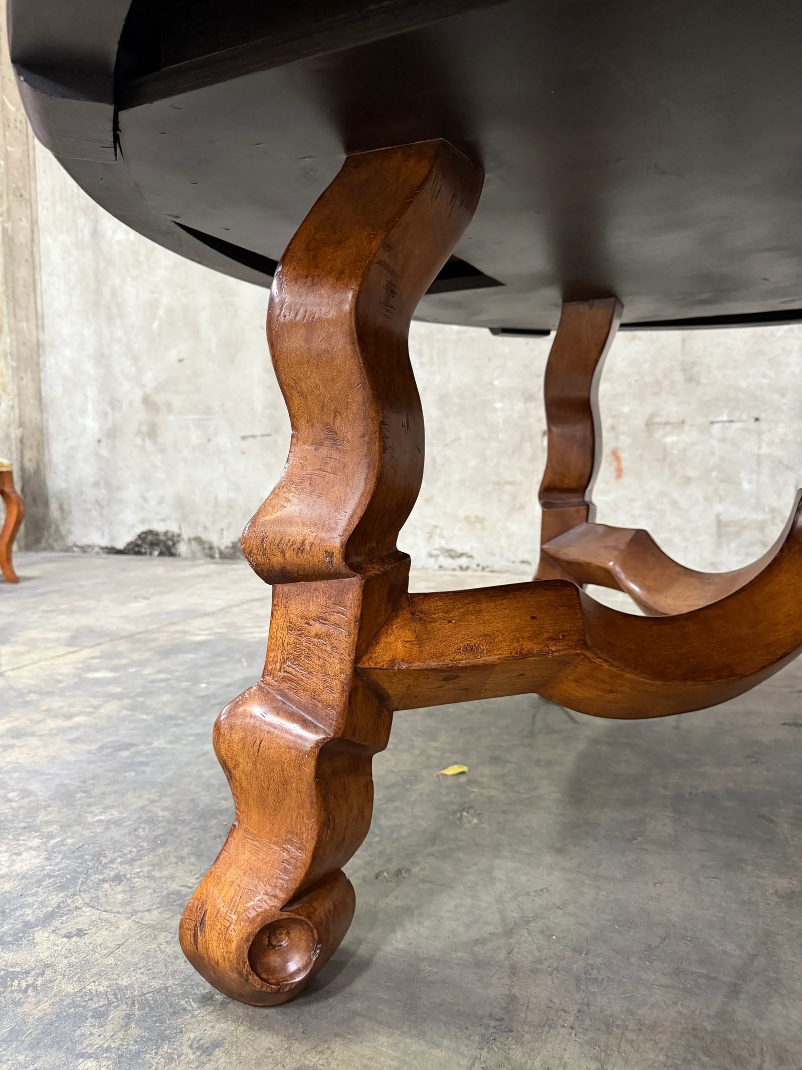 Custom Early Spanish Style Walnut Dining Table – Round to Oval With Leaves, Carved Stretcher - 8