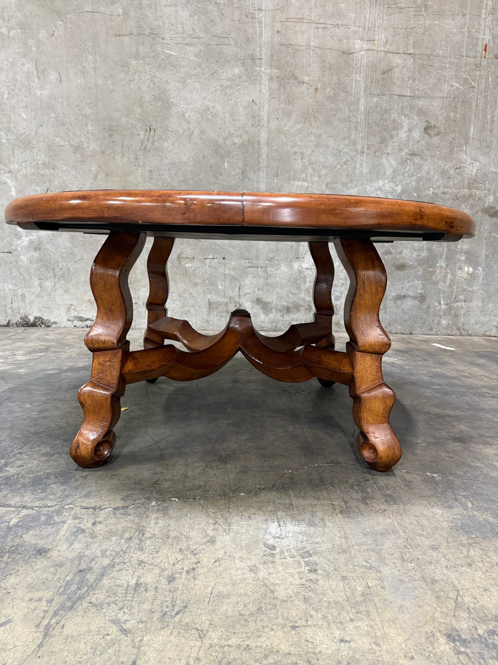 Custom Early Spanish Style Walnut Dining Table – Round to Oval With Leaves, Carved Stretcher - 9