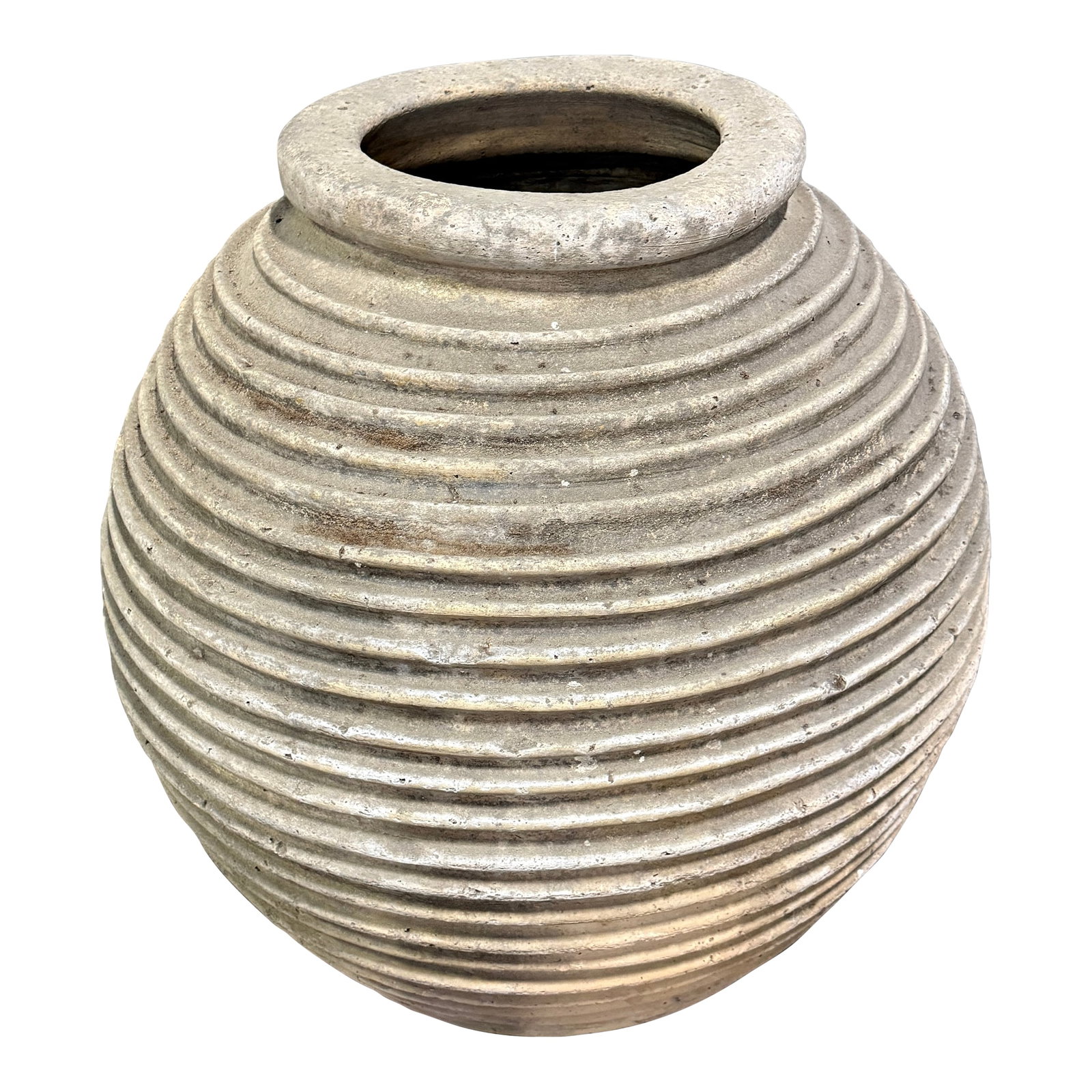 Antique Early 20th Century Monumental Terracotta "Beehive" Olive Oil Jar – Ribbed Amphora Vess: An extraordinary antique monumental terracotta "Beehive" olive oil jar, early 20th century. These large ribbed vessels were traditionally made in the Mediterranean for storing olive oil, their narrow