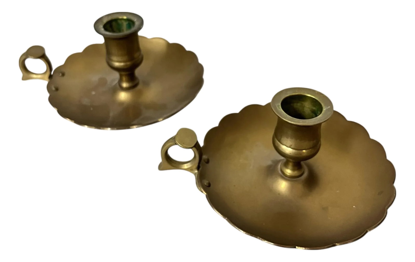 Vintage Brass Scalloped Edge Finger Loop Candlestick Holder - A Pair: Offering a pair of brass finger loop scalloped edge candlestick holders. Each measures 6" w x 5" d x 3" h. Nice patina. Could be polished to a bright brass. Condition: Alterations: Original Condition