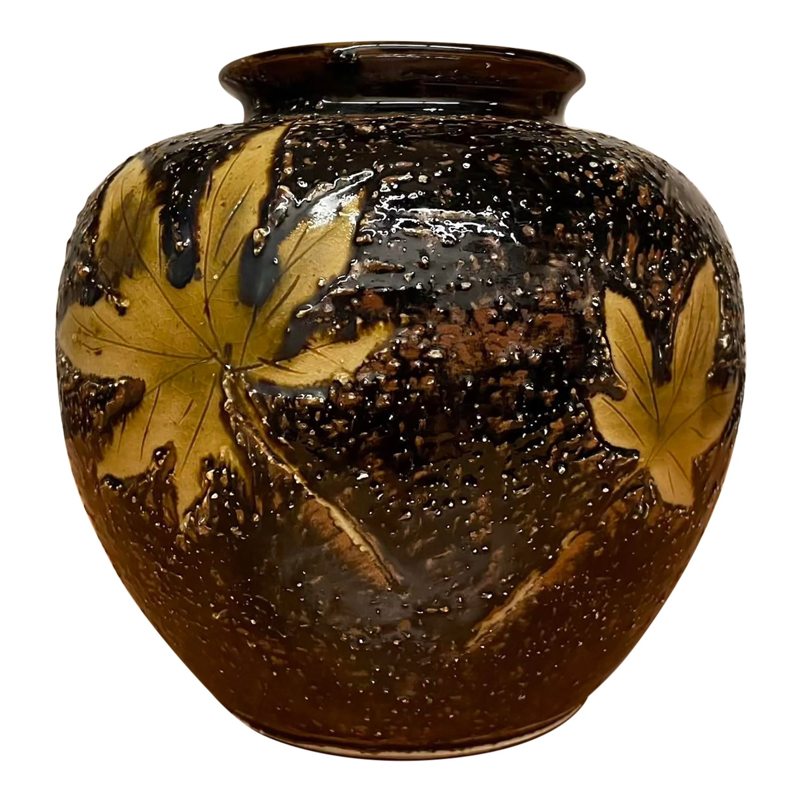 Japanese Textured Ceramic Vase With Maple Leaf Motif: A stunning mid-century Japanese studio pottery vase featuring an almost black glaze accented with shimmering copper specks and two stylized gold maple leaves. The richly textured surface has an