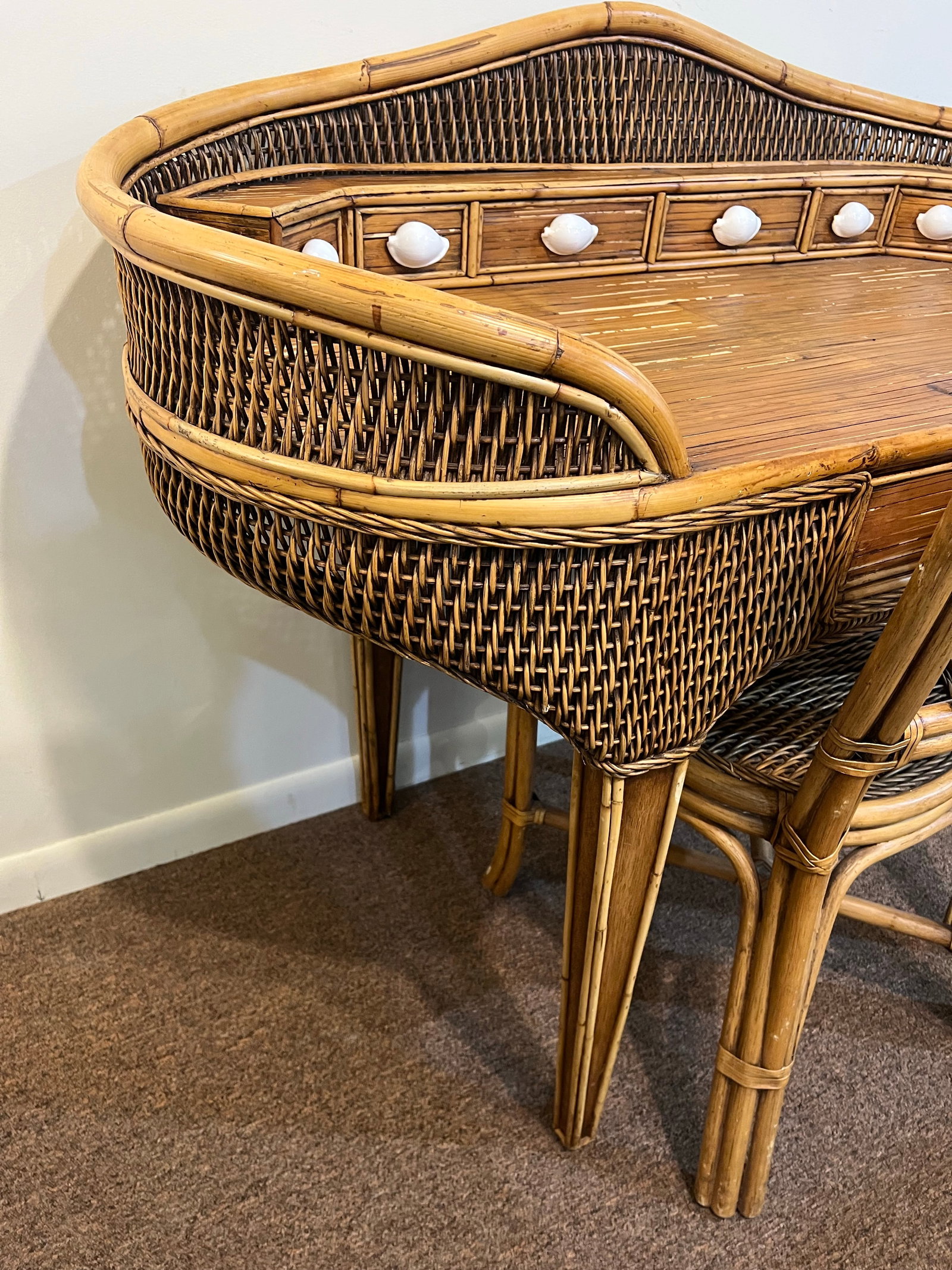 Vintage Bamboo Wicker Rattan Sea Shell Desk Set - 11