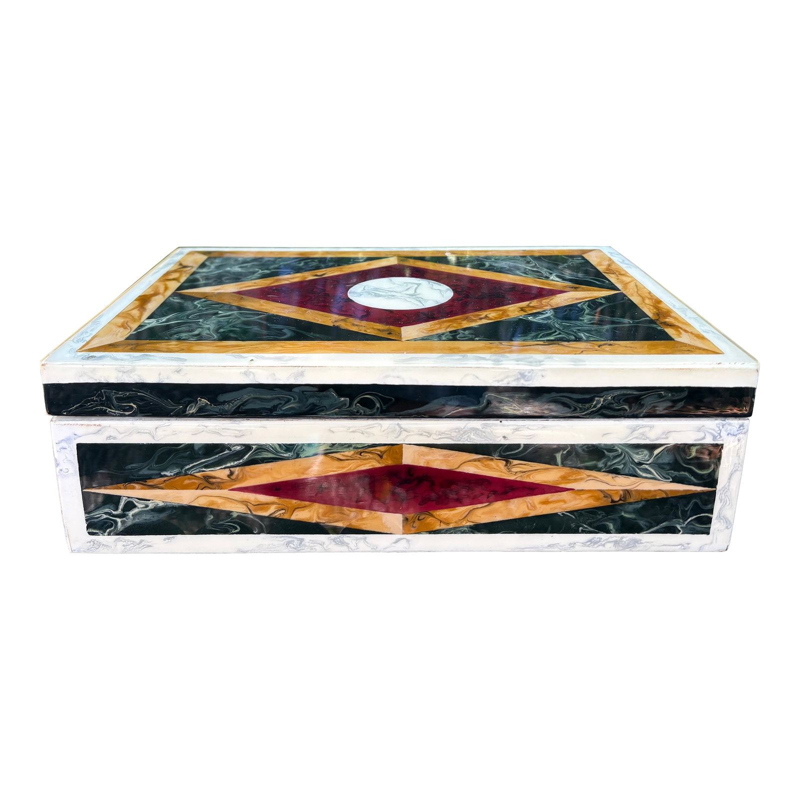1980s Italian Faux Marble Lacquered Box: Italian Faux Marble Lacquered Box. Offered is a stunning well executed Italian decorative box with several varieties of specimen marble in a geometric pattern. This box is the perfect coffee table or