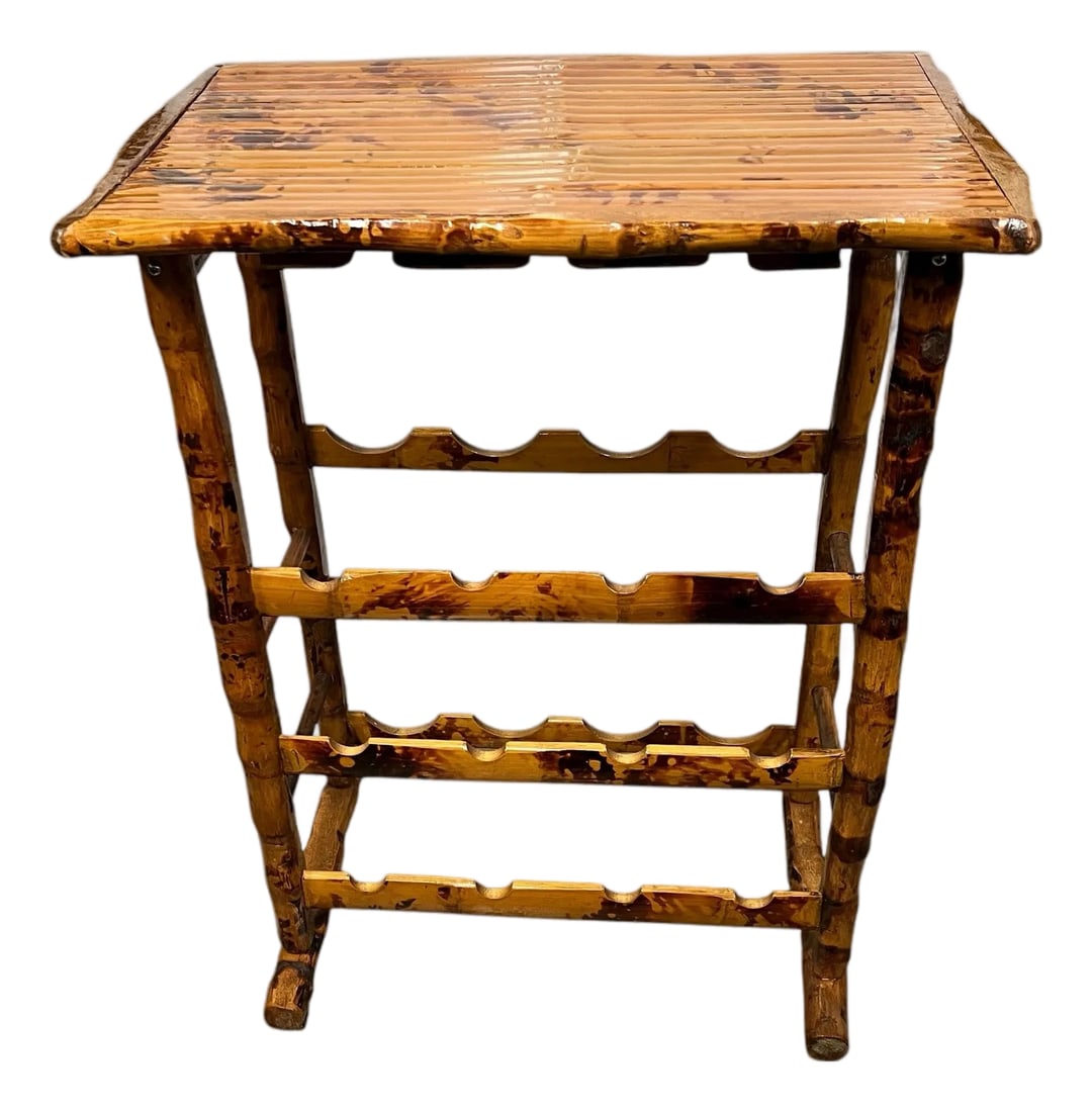 Vintage Burnt Bamboo Wine Rack Side or Serving Table: Vintage burnt bamboo wine rack serving table or side table. Perfect for small spaces Measures 20.5" w x 13.5" d x 27" h. Has only minor imperfections from use. No major flaws. Condition: Alterations:
