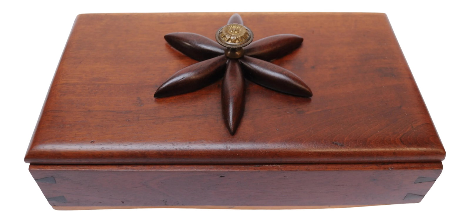 Late 19th Century Rosewood Jewelry Box / Keepsake Box With Flower Motif: Lovely jewelry box with deeply sculpted rosewood five-petal floral motif and brass floral pull. Very well crafted featuring dove-tail joinery (also in rosewood). Hinged top opens to reveal three