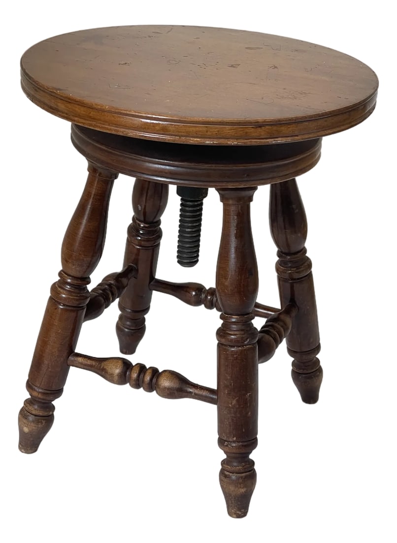 Reduced-Mid 20th Century Folk Art Round Table/Piano Stool: American folk art round table or piano stool 14" in diameter, on 4 spindle legs. Condition: Alterations: Original Condition Unaltered Imperfections: Some Imperfections Condition Notes: Good condition