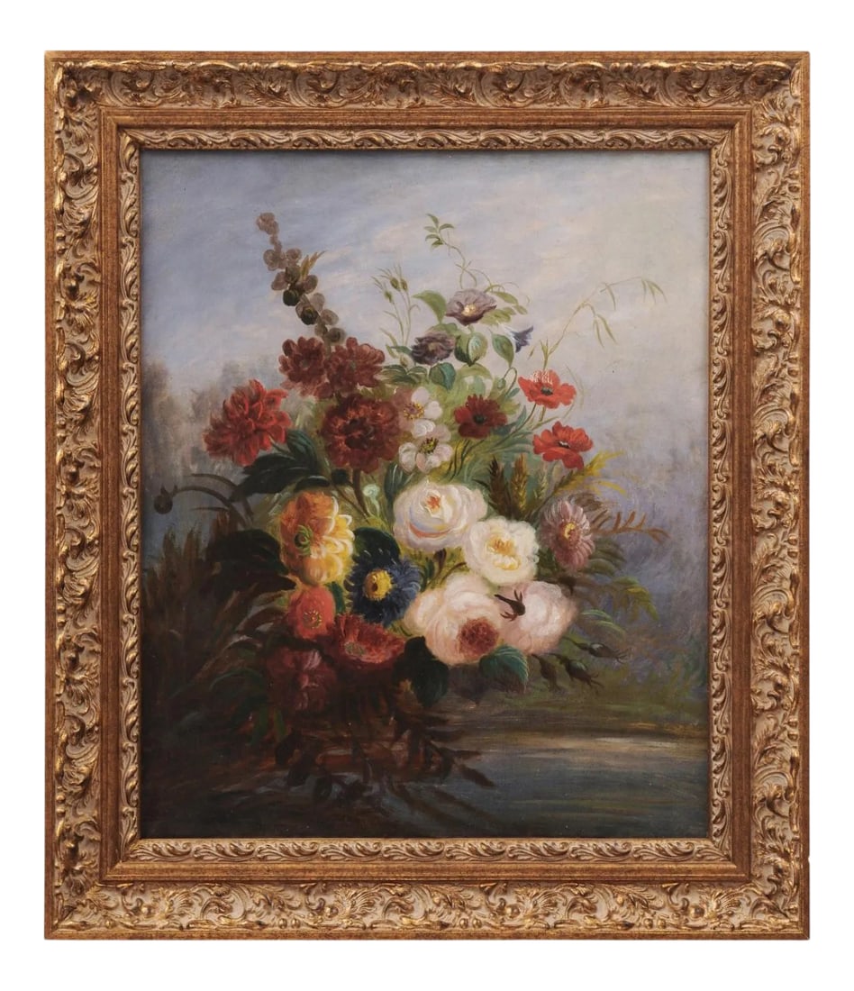 19th Century French Floral Still Life Oil Painting, Framed: A French Restauration period oil on canvas still-life floral painting from the 19th century, in giltwood frame. Born in France during the second quarter of the 19th century, this floral painting