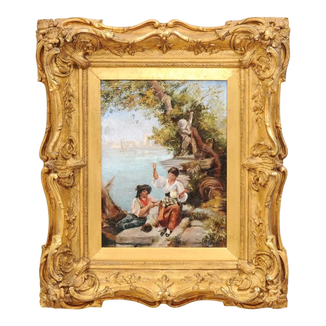 French 19th Century Continental School Painting Depicting Venetian Lagoon Scene: A French 19th century Continental School painting in carved giltwood frame, depicting a scene set in the Venetian lagoon. Created in France during the 19th century, this Continental School painting de