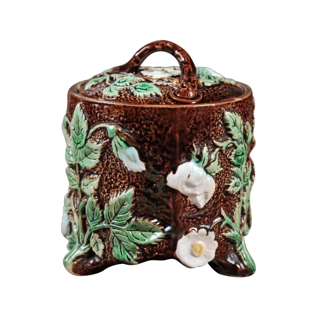 French 19th Century Brown Majolica Lidded Jar with Moulded Floral Décor - 12