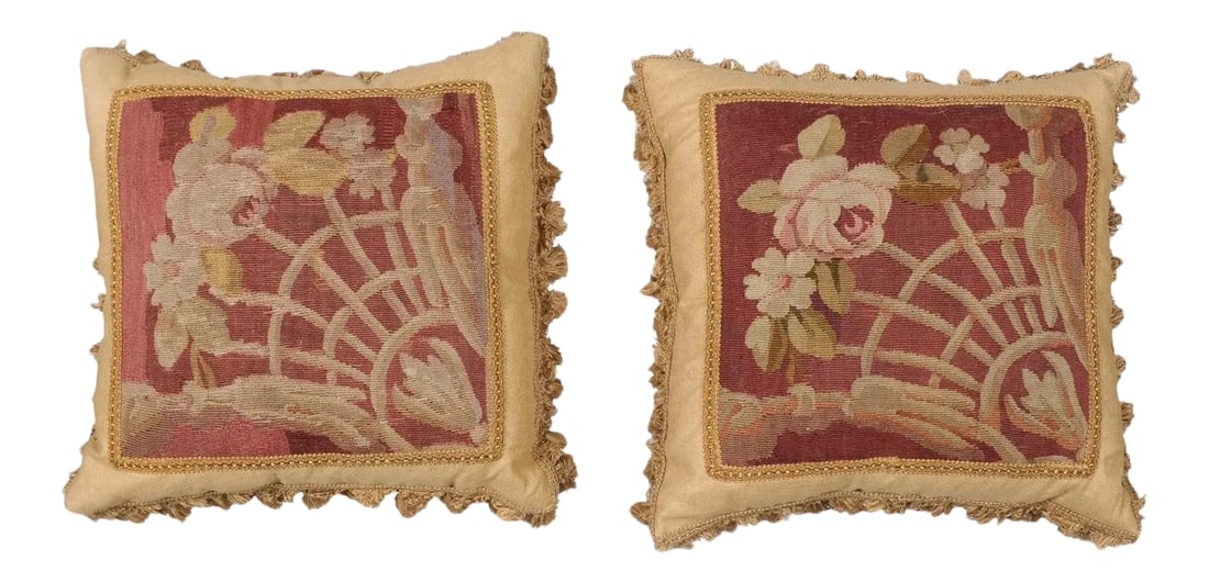 French 19th Century Aubusson Tapestry Pillows with Floral Decor - a Pair (1 of 11)
