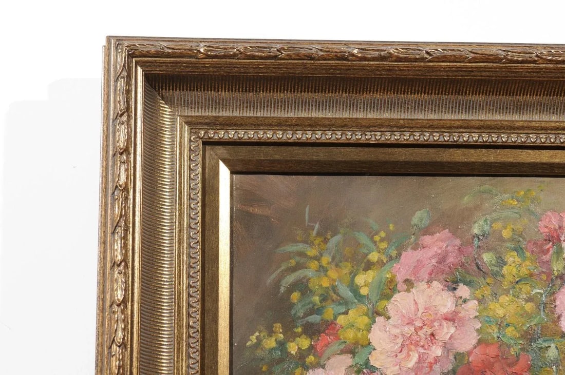French 19th Century Framed Oil on Canvas Still-Life Painting with Pink Bouquet - 10
