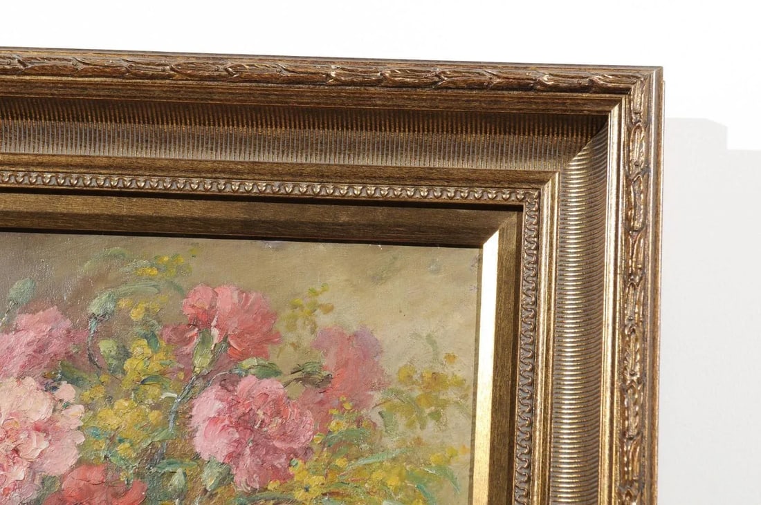 French 19th Century Framed Oil on Canvas Still-Life Painting with Pink Bouquet - 11