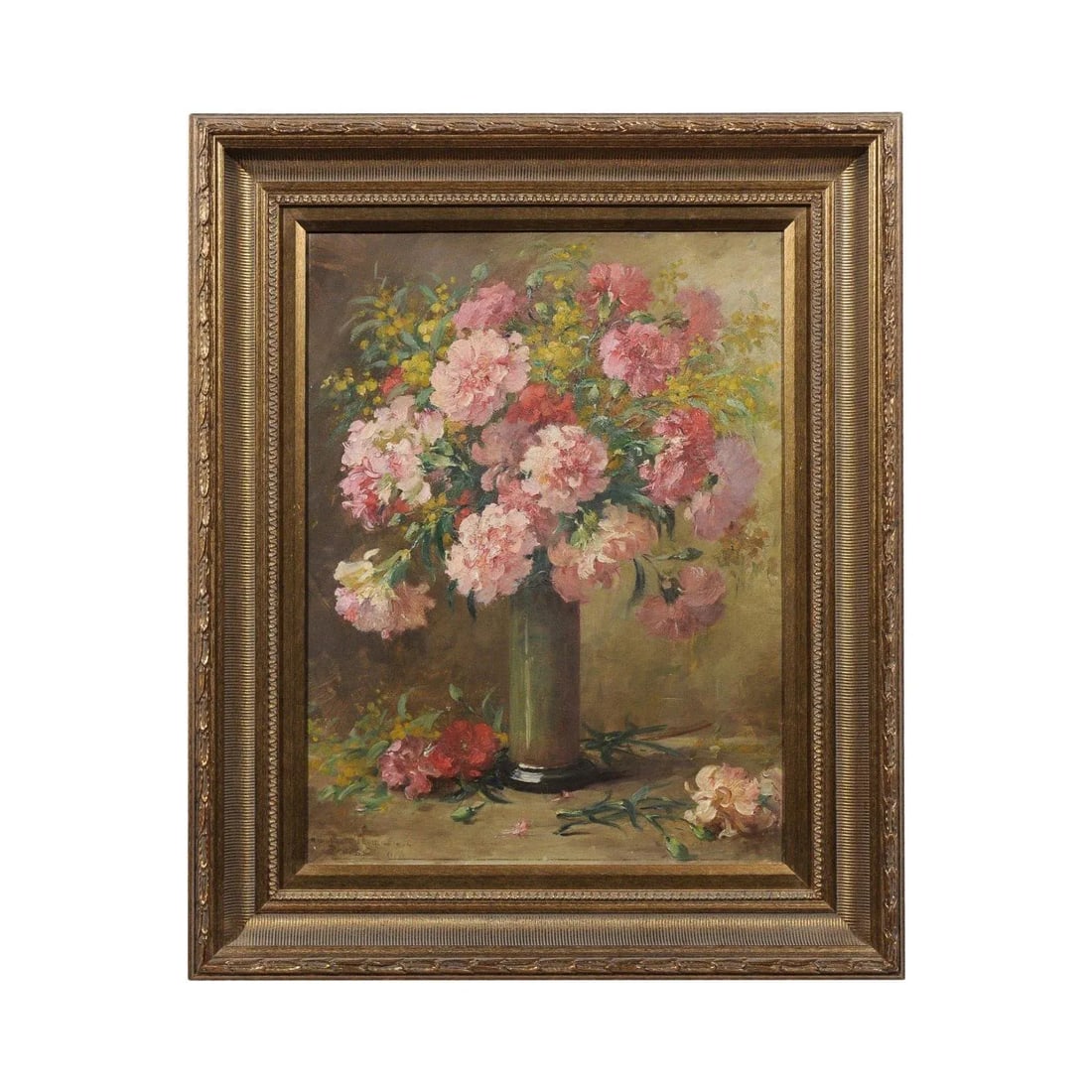 French 19th Century Framed Oil on Canvas Still-Life Painting with Pink Bouquet - 12