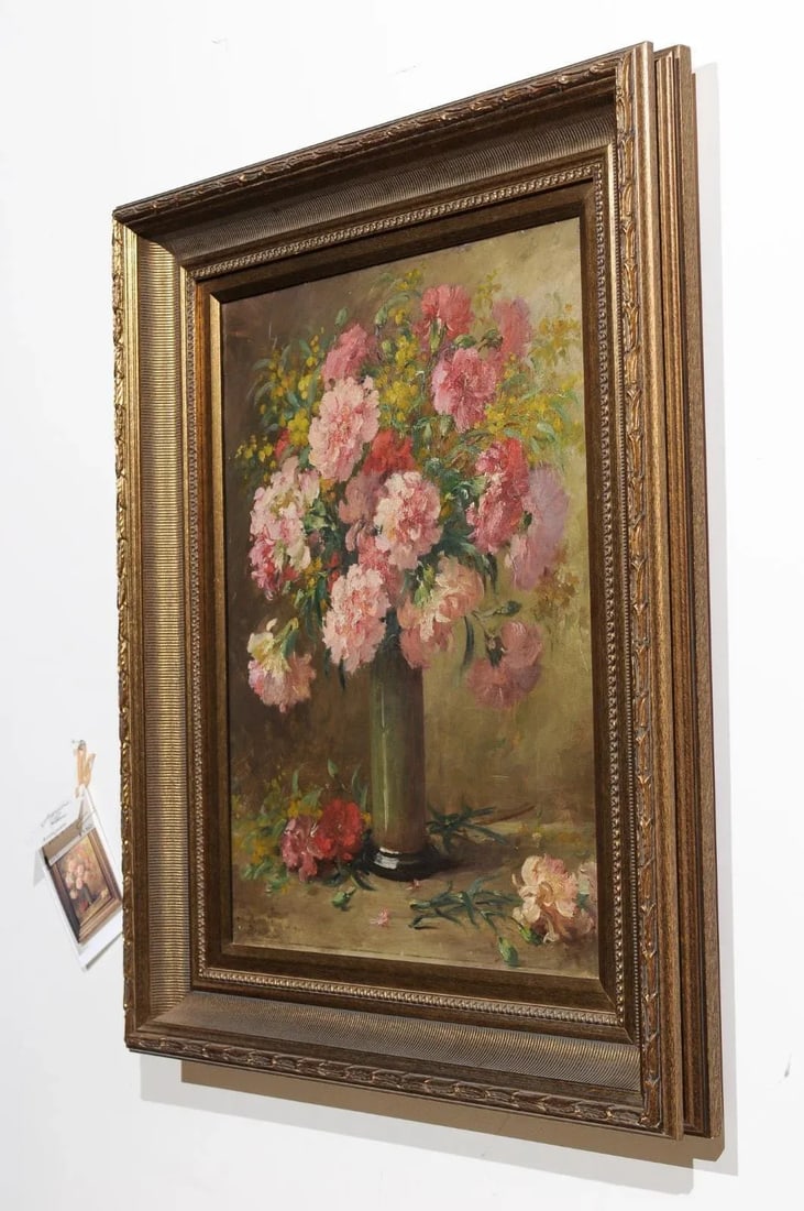 French 19th Century Framed Oil on Canvas Still-Life Painting with Pink Bouquet - 3