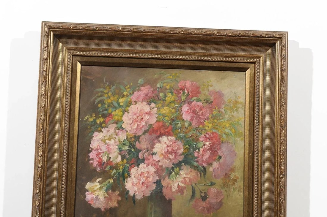 French 19th Century Framed Oil on Canvas Still-Life Painting with Pink Bouquet - 5