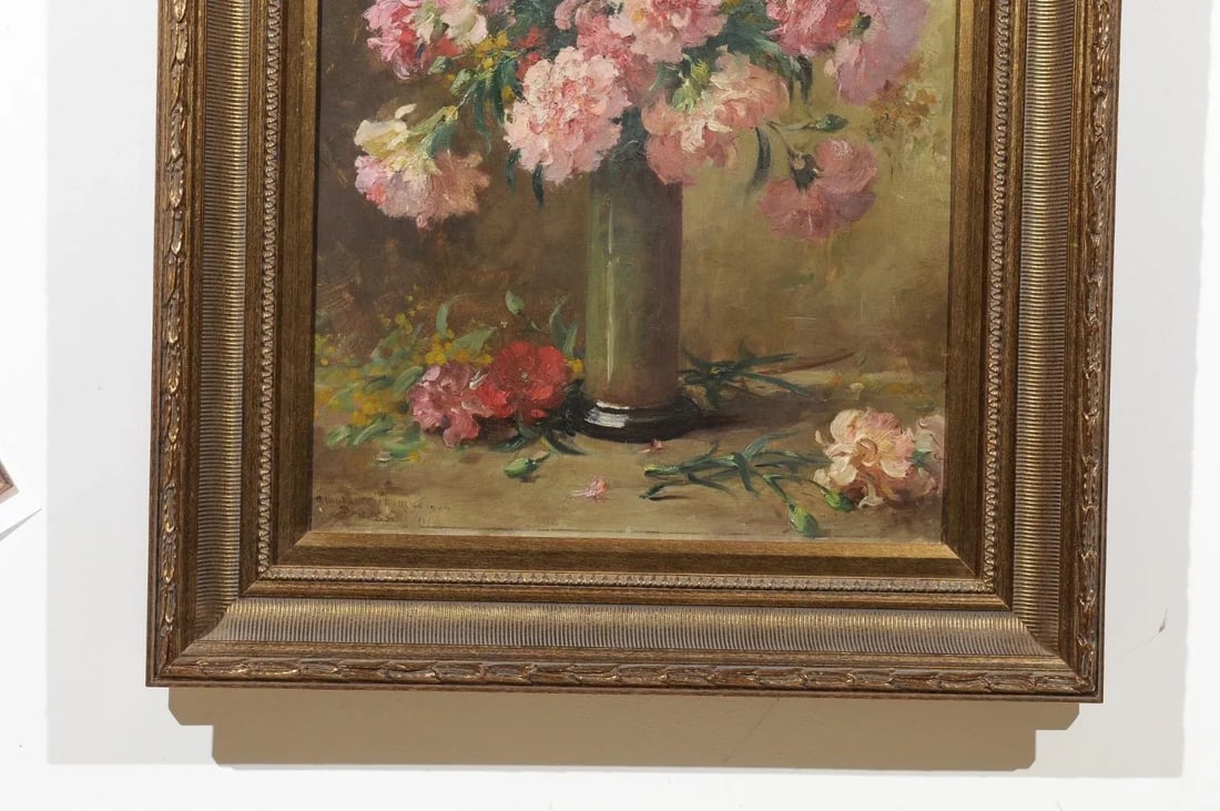 French 19th Century Framed Oil on Canvas Still-Life Painting with Pink Bouquet - 6