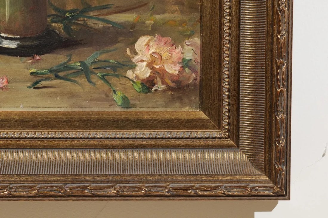 French 19th Century Framed Oil on Canvas Still-Life Painting with Pink Bouquet - 8
