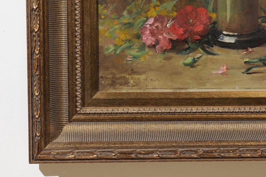 French 19th Century Framed Oil on Canvas Still-Life Painting with Pink Bouquet - 9