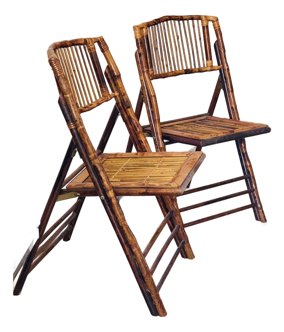 Reduced/Pair Vintage Bamboo Campaign Folding Chairs: Great vintage pair of bamboo campaign chairs in tortoiseshell burnt finish . Condition: Alterations: Original Condition Unaltered Imperfections: Some Imperfections Condition Notes: Good condition