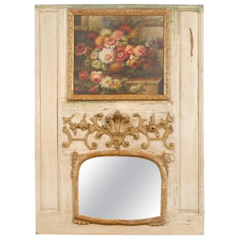 French Louis XV Trumeau Mirror with Original Oil Painting & Carved Gilt Motifs - 11