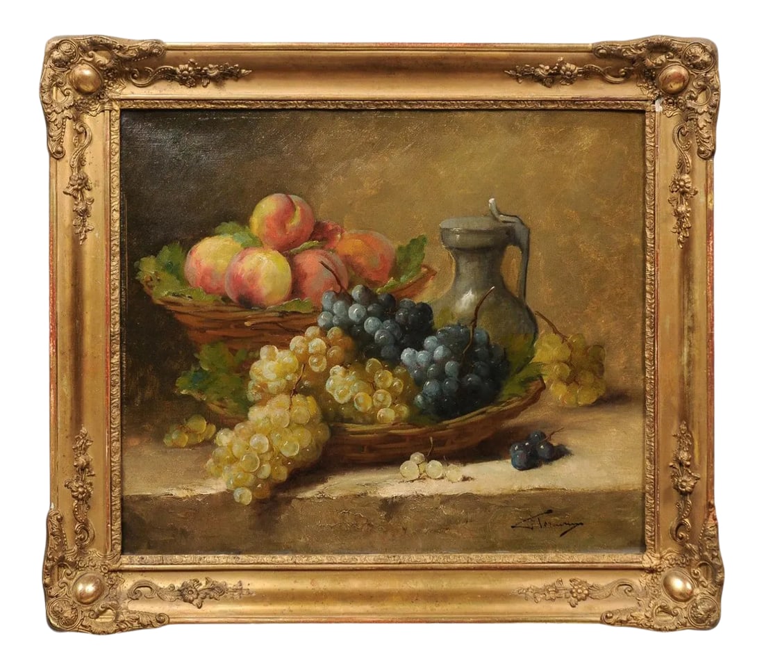 Mid 19th Century Italian Fruit Still Life Oil Painting, Framed: An Italian oil on canvas still-life painting from the 19th century in carved giltwood frame, signed Florentine. Created in Italy during the 19th century, this still-life painting depicts mouth-waterin
