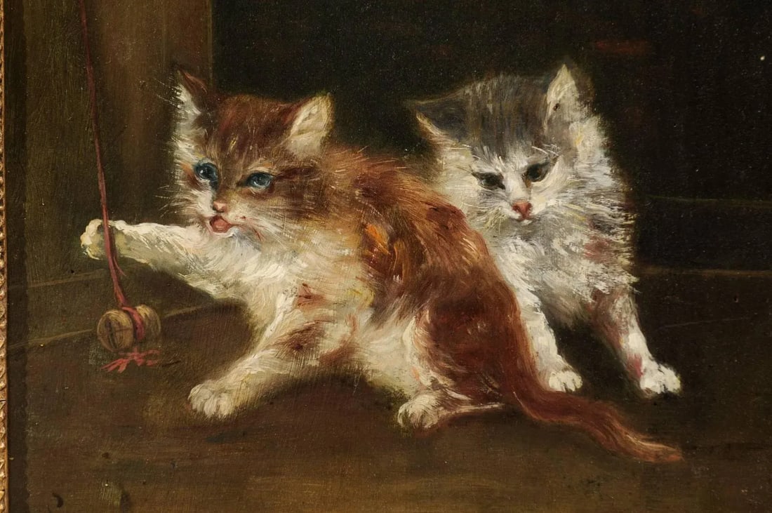 Late 19th Century Victorian Style Oil Painting of Kittens, Framed - 7