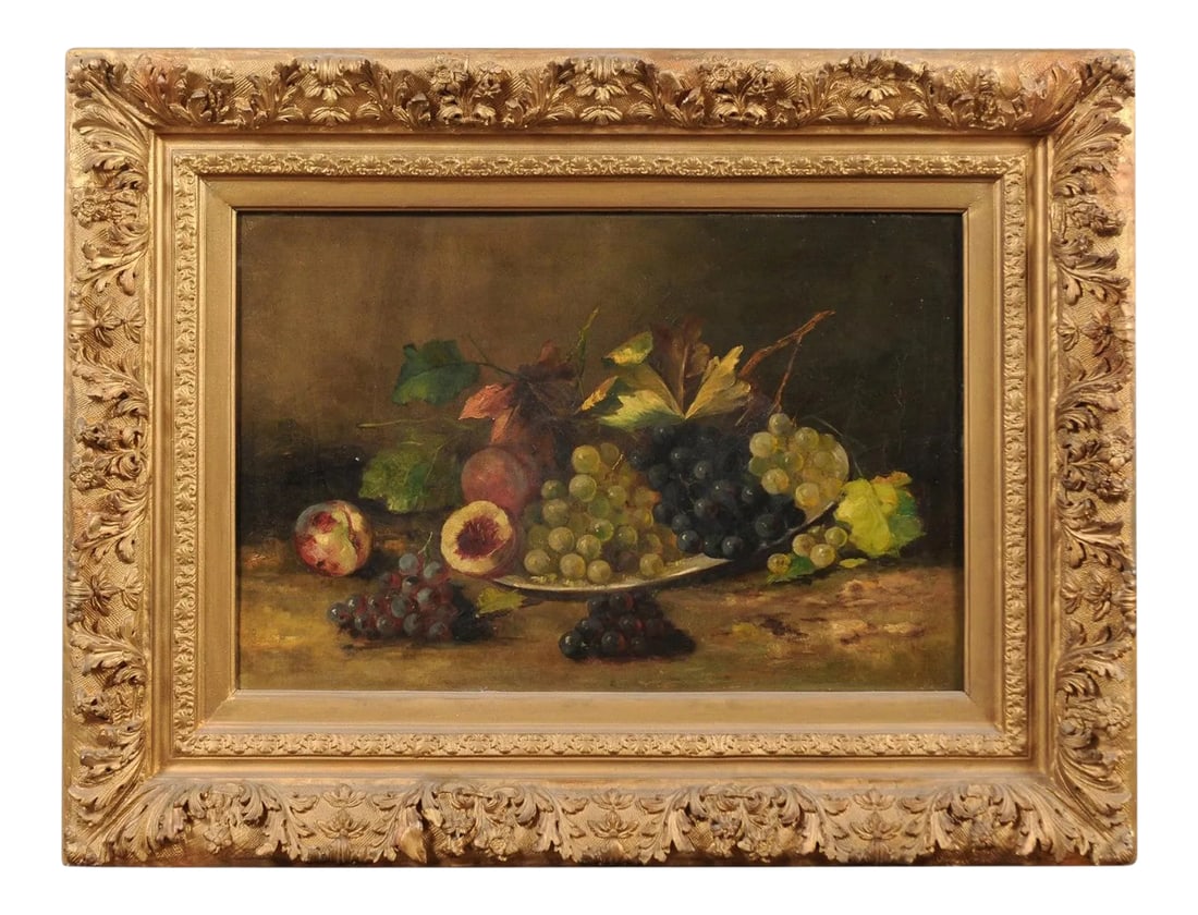 Mid 19th Century French Fruit Still Life Oil Painting, Framed: A French giltwood framed oil on canvas still-life painting from the 19th century depicting a bowl of fruits. Born in France during the 19th century, this horizontal oil on canvas still-life painting d