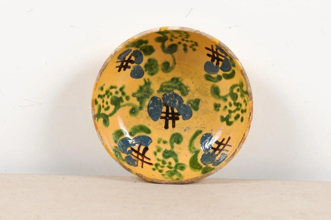French 19th Century Jasper Pottery Bowl with Blue, Green & Crosshatch Accents - 11