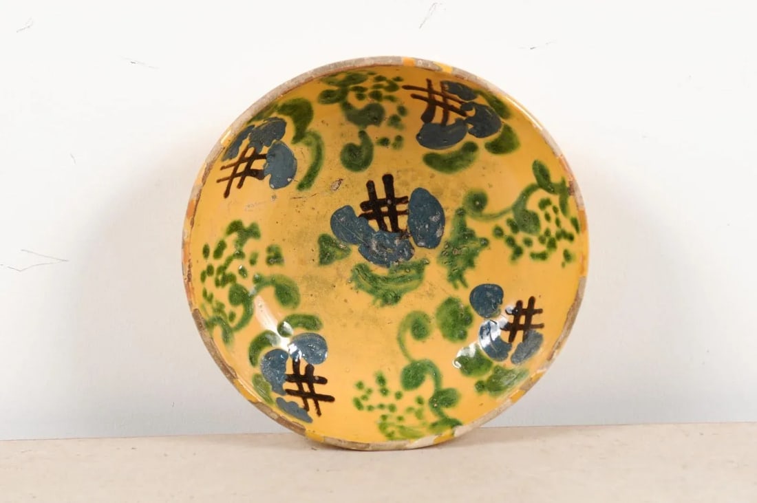 French 19th Century Jasper Pottery Bowl with Blue, Green & Crosshatch Accents - 12