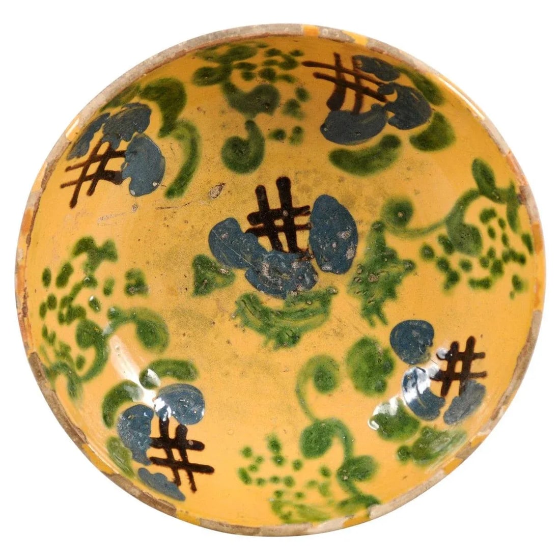 French 19th Century Jasper Pottery Bowl with Blue, Green & Crosshatch Accents - 13