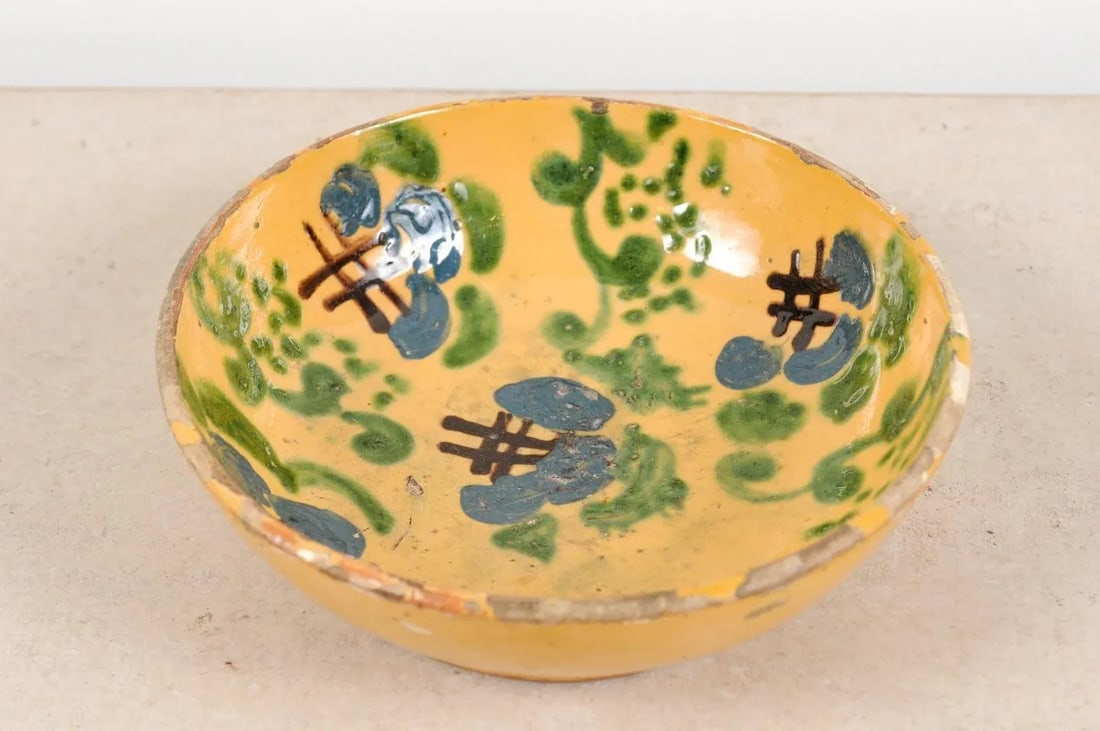 French 19th Century Jasper Pottery Bowl with Blue, Green & Crosshatch Accents - 9