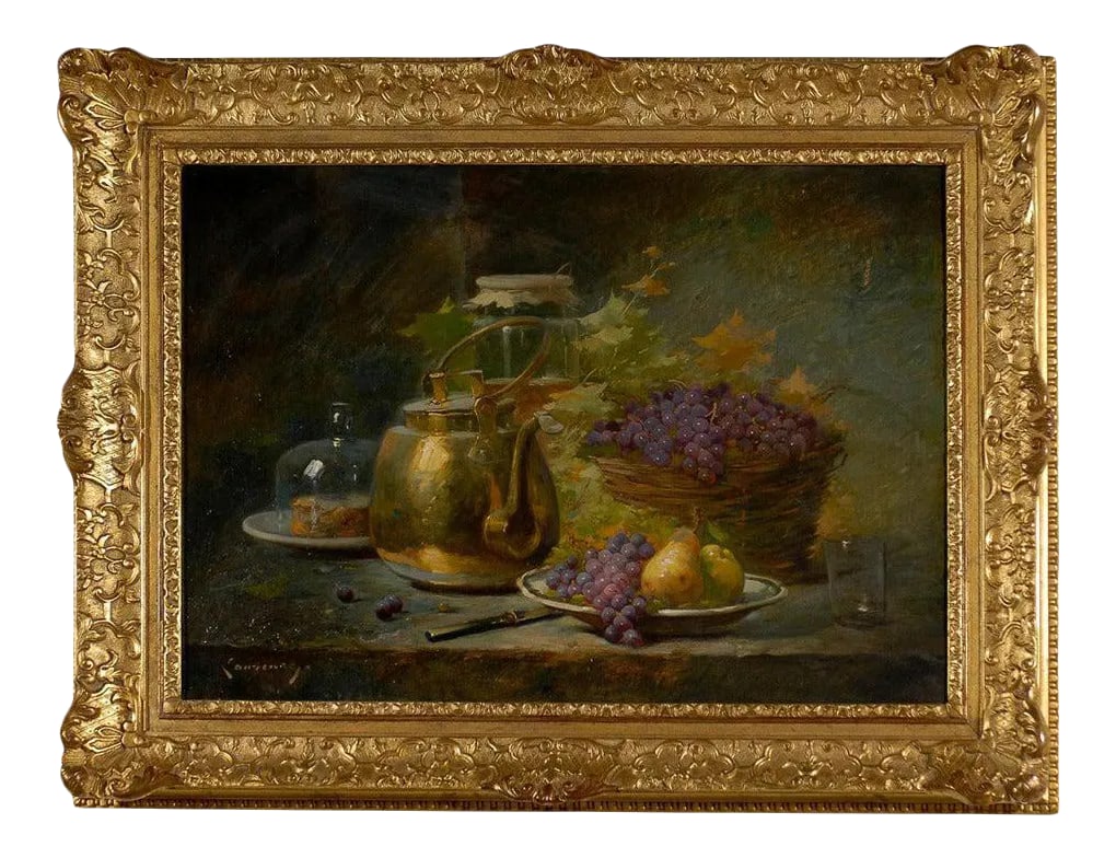 1860s French Still-Life Painting by Agénorie Monique Laurenceau, Framed: A French still-life painting by Agénorie Monique Laurenceau (1830-1907) from the second half of the 19th century, set inside a carved giltwood frame. This exquisite French still-life painting